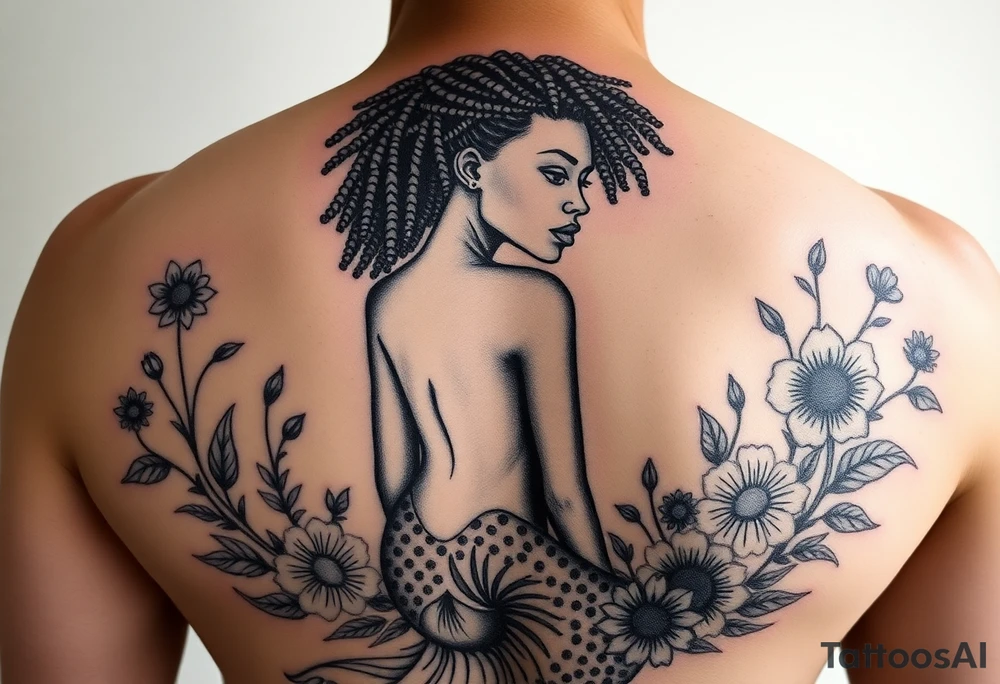 Mermaid, black woman, garden, and flowers, libra, hairstyle of loc tattoo idea