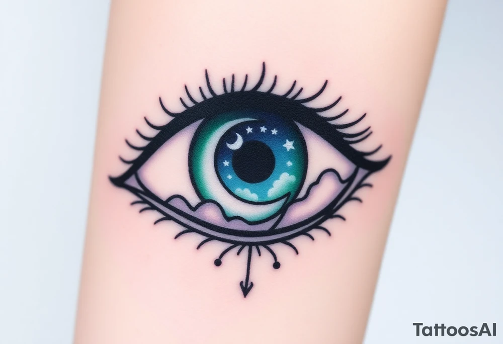 Large outline of an almond shaped eye with a spade shaped eyeball colored greenish blue with a crescent moon stars and clouds inside vivid colors blue green purple tattoo idea