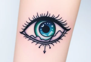 Large outline of an almond shaped eye with a spade shaped eyeball colored greenish blue with a crescent moon stars and clouds inside vivid colors blue green purple tattoo idea