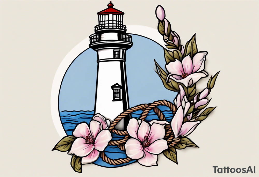 Sailor Jerry tattoo of a light house bordered by magnolia flowers and rope. Behind the light house is a periwinkle blue cancer awareness ribbon tattoo idea