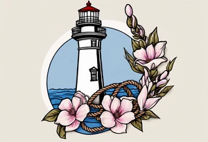 Sailor Jerry tattoo of a light house bordered by magnolia flowers and rope. Behind the light house is a periwinkle blue cancer awareness ribbon tattoo idea