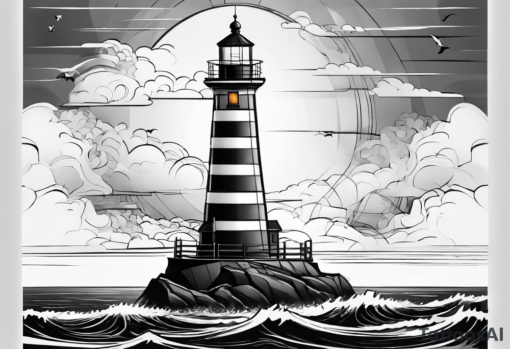 maritime lighthouse partially hidden by its  large fixed sails. tattoo idea