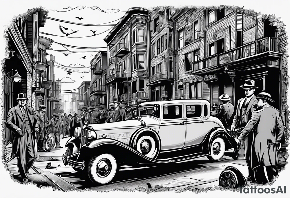 untouchables style gangsters fighting on a 1930s city street, Al capone, bugsy segal, bonnie and clyde, include machine guns, smoke and fire tattoo idea