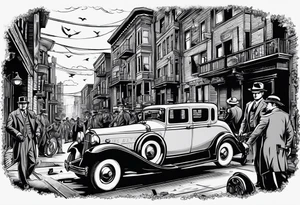 untouchables style gangsters fighting on a 1930s city street, Al capone, bugsy segal, bonnie and clyde, include machine guns, smoke and fire tattoo idea
