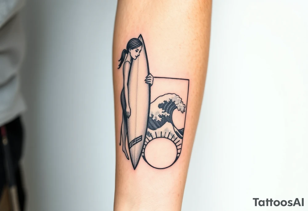 New school geometrical concept tattoo with the girl holding surfboard in a vertical position her face is turned 60 degrees to out side, the bottom part of a body is showed, on the right side of a tattoo is the realistic wave closed in a frame. And the bottom of a taro is a palenesiab sun. Link the objects based on new school geometry tattoos. tattoo idea