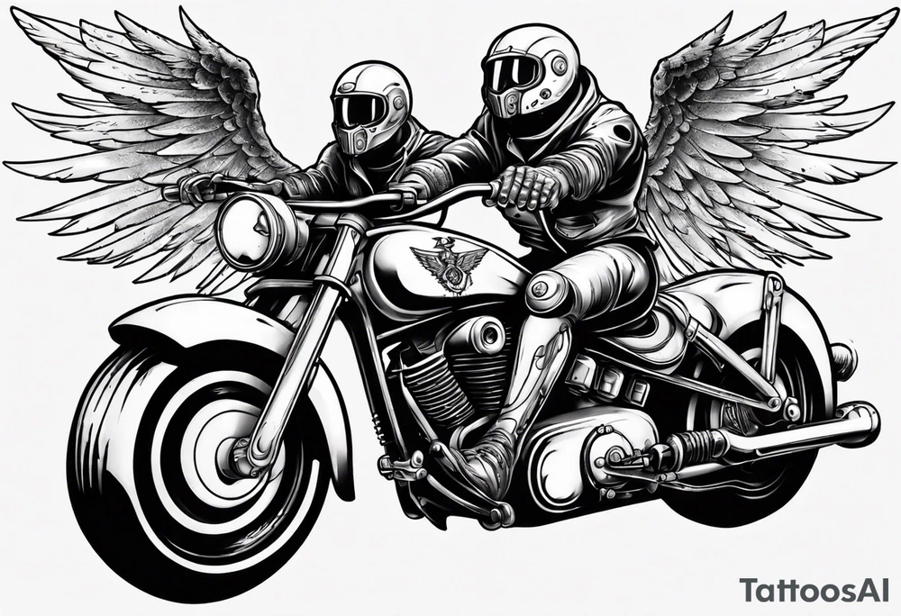 cyber angel riding a motorcycle, dynamic stance tattoo idea