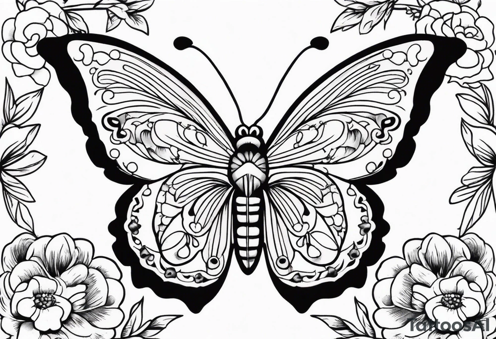 butterfly old school traditional vintage with flowers surrounding it tattoo idea