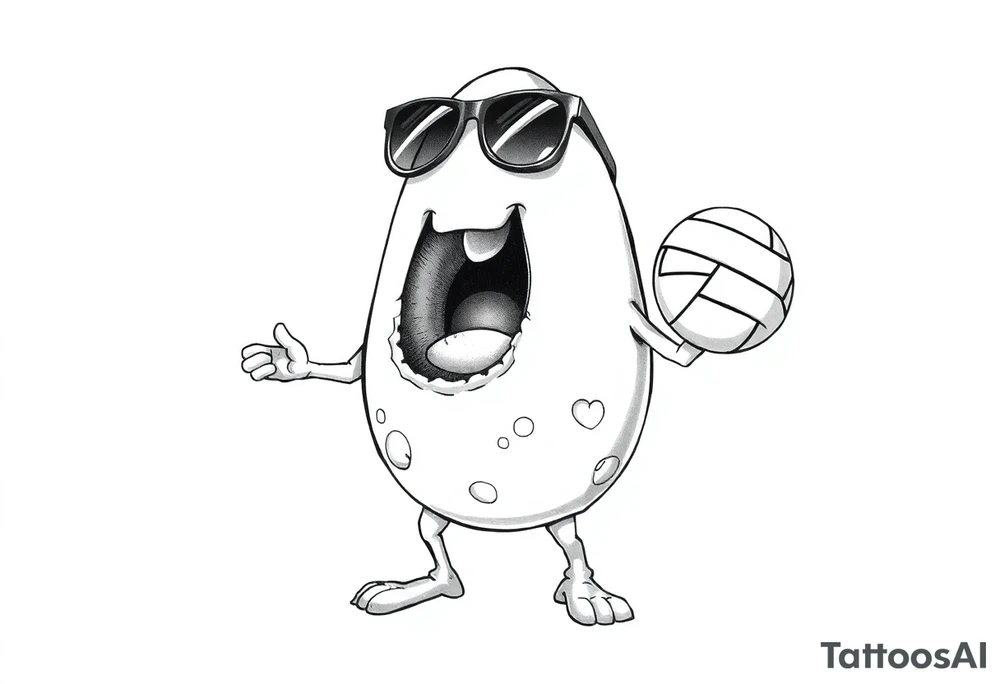 walking egg in snickers with cracked sheel in sunglasses, holding a volleyball tattoo idea