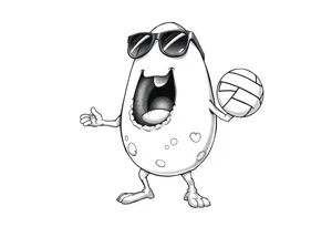 walking egg in snickers with cracked sheel in sunglasses, holding a volleyball tattoo idea