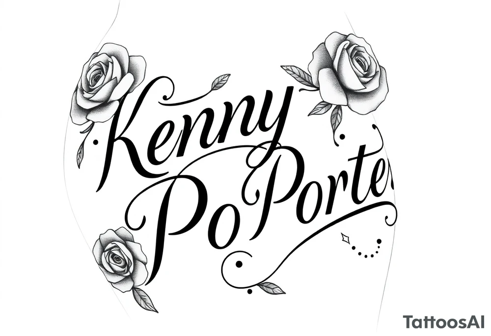 "A large-scale, high-contrast black and grey tattoo design featuring the names 'Kenny' and 'Porter' in an elegant, bold Chicano/Cholo-style script. The composition is a vertical side-piece specifically designed to contour and flow with the natural curves of the body.
Placement: The tattoo starts at the iliac crest (upper hip bone), sweeps diagonally across the lateral glute (side of the buttocks), and tapers smoothly onto the upper outer thigh.
Design Details: The lettering should feature sharp serifs, thick outlines, and intricate decorative filigree that connects the two names. Incorporate realistic roses with fine-line shading at the top and bottom of the script to anchor the design. The flow should be dynamic and 'wrap' slightly around the hip to create a slimming, feminine silhouette. Ensure the background is a clean white canvas to highlight the professional linework and custom calligraphy tattoo idea