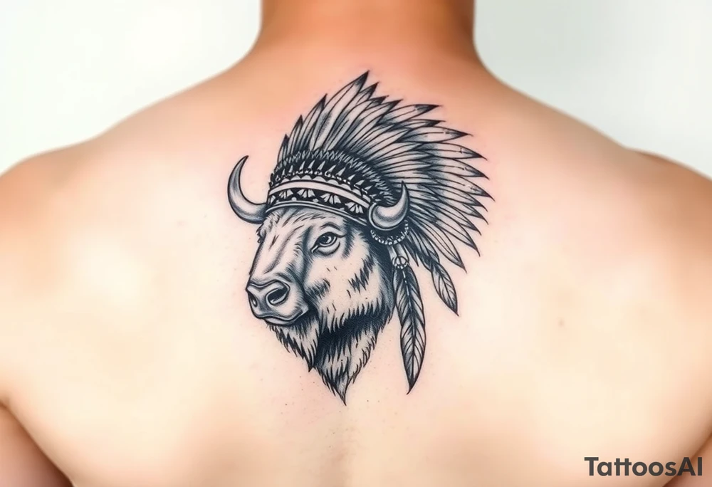 powerful majestic white buffalo with an native American headdress tattoo idea