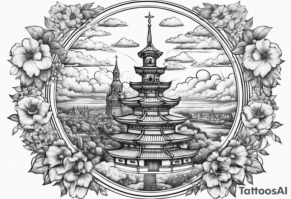 heaven town with tower
in circle vignette surrounded by clouds flowers tattoo idea