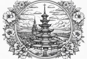 heaven town with tower
 in circle vignette surrounded by clouds flowers tattoo idea