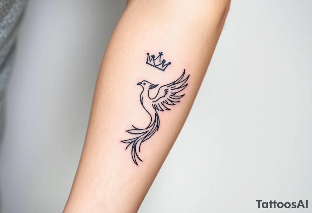 Minimal phoenix and crown fine lines tattoo idea