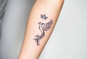 Minimal phoenix and crown fine lines tattoo idea