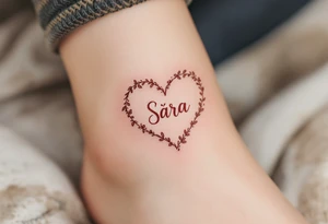 A heart shaded in rose gold with Sára in a handwritten-style font inside. tattoo idea