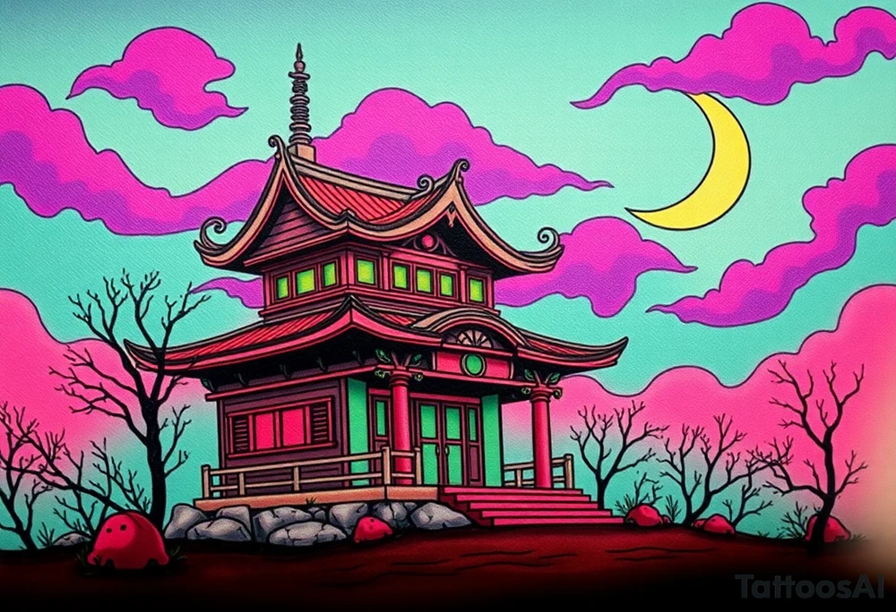 Tim Burton’s haunted pastel Tokyo shrine is abandoned and dripping with muted reds, dusty pinks, and eerie green glow.purple and cyan smokey clouds swirl in the crescent moonlit sky thats sprinkled with stars tattoo idea tattoo idea