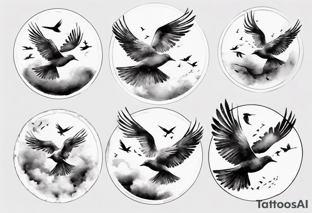 shoulder tattoo with light rays with birds flying free among the clouds, round shape, 3d effect tattoo idea