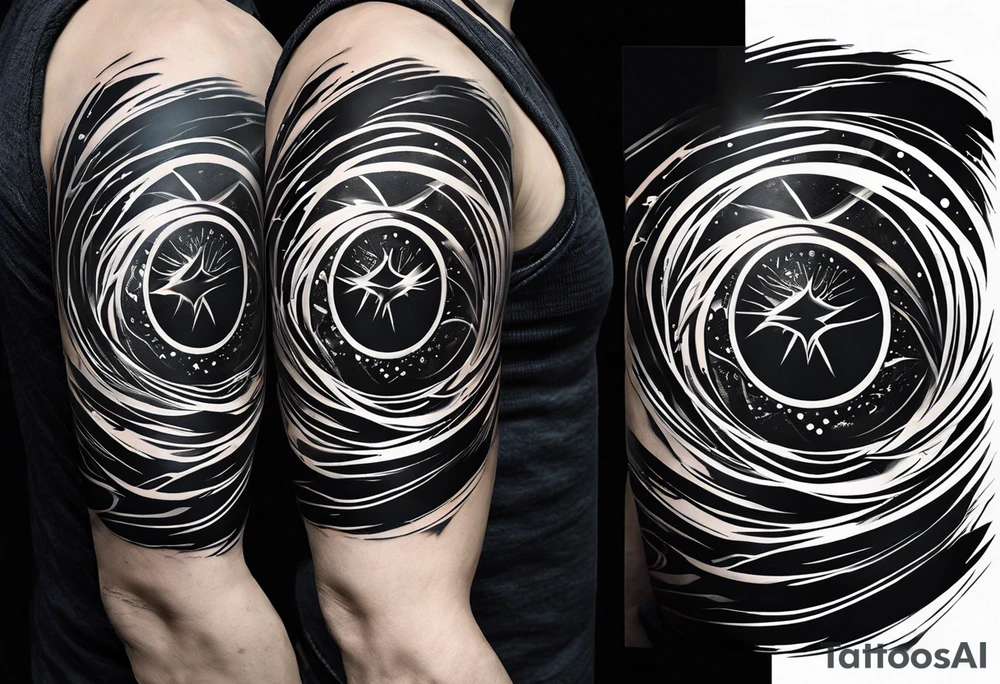 Create a tattoo featuring both light speed trails and a time travel portal. The design should seamlessly blend luminous trails suggestive of near-light-speed travel with a swirling vortex or wormhole symbolizing time travel tattoo idea