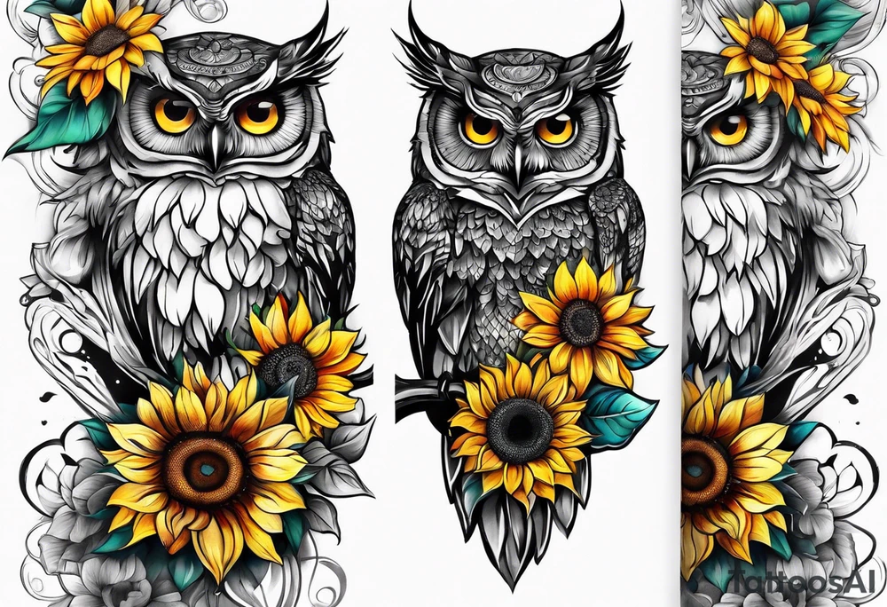 Arm sleeve with colorful sunflowers and an owl tattoo idea