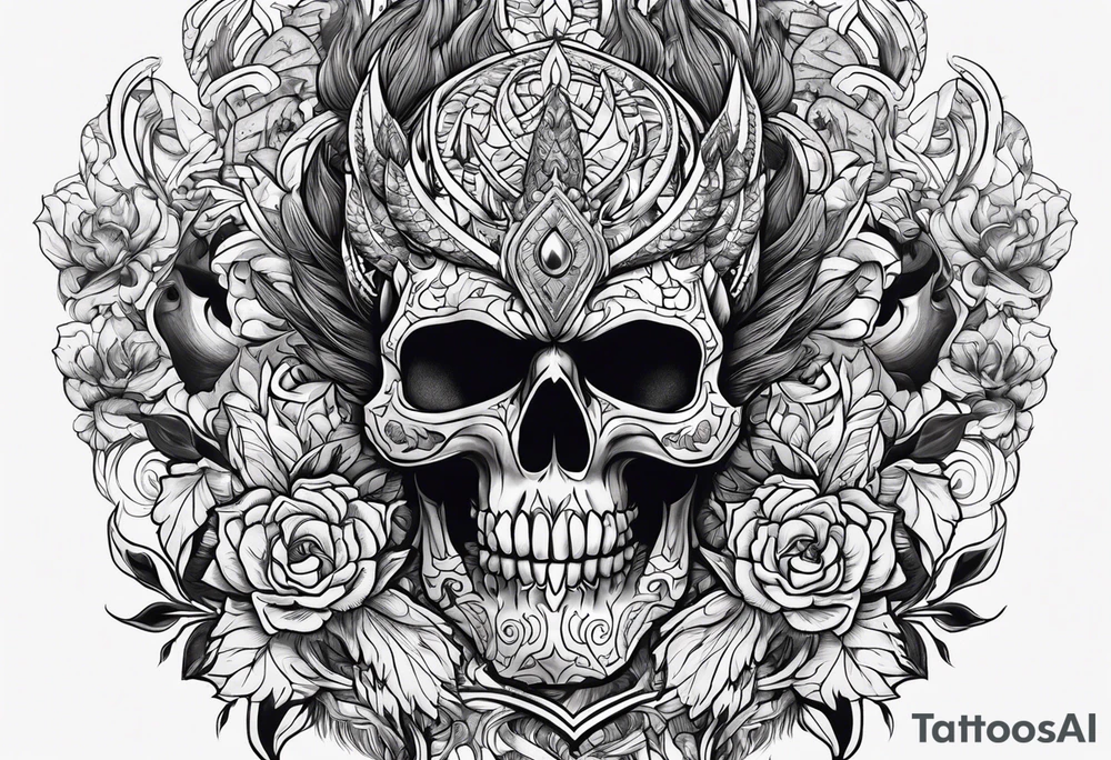 Name KIHURANI with background of skulls and demons while burning tattoo idea