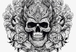 Name KIHURANI with background of skulls and demons while burning tattoo idea