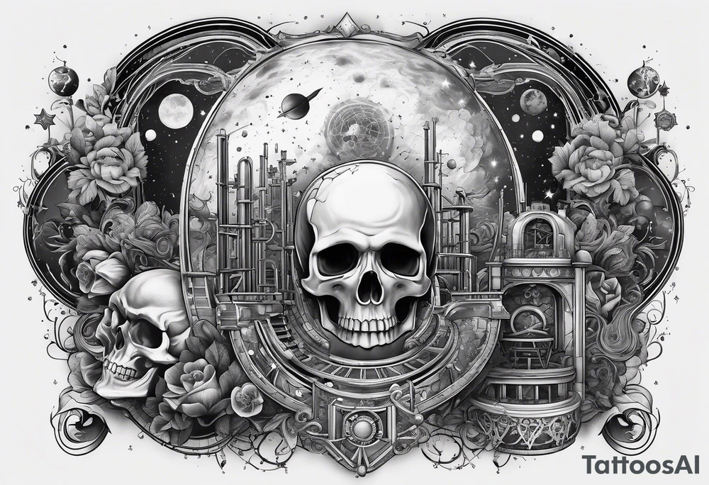 back and sleeve tattoo including chemistry, skulls, roller coaster track, space and stars tattoo idea