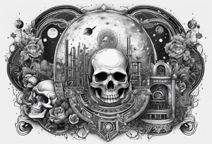 back and sleeve tattoo including chemistry, skulls, roller coaster track, space and stars tattoo idea
