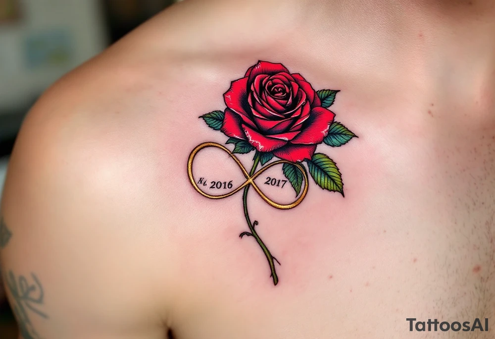 Description: A detailed rose with its stem forming an infinity symbol, with the couple’s wedding date beautifully incorporated into the design. Red rose with green leaves, gold for the infinity symbol, and black for the date. tattoo idea
