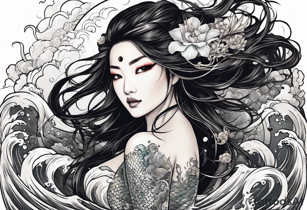 Asian mermaid with long black hair picks through shipwreck tattoo idea