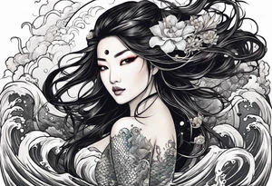 Asian mermaid with long black hair picks through shipwreck tattoo idea