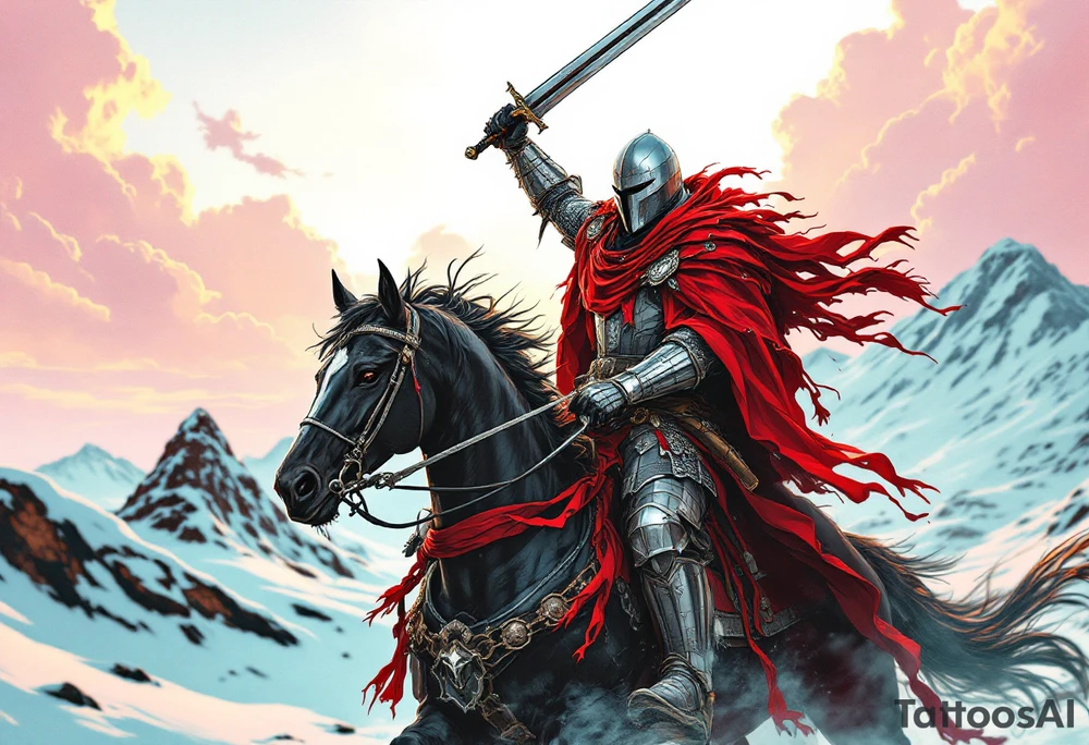 Rusichi Warrior – A stern-faced Slavic knight in chainmail, with blood-red cloak and silver sword raised, riding a black stallion across snow-covered terrain. tattoo idea