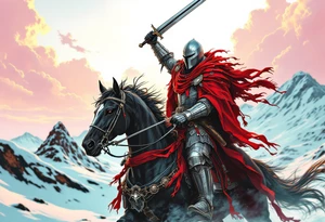 Rusichi Warrior – A stern-faced Slavic knight in chainmail, with blood-red cloak and silver sword raised, riding a black stallion across snow-covered terrain. tattoo idea