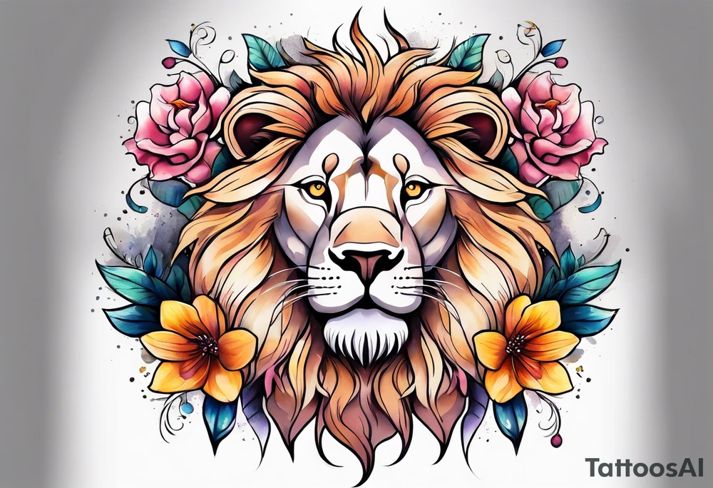 Lion with flowers and a crescent moon on forehead tattoo idea