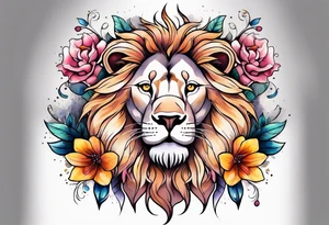 Lion with flowers and a crescent moon on forehead tattoo idea