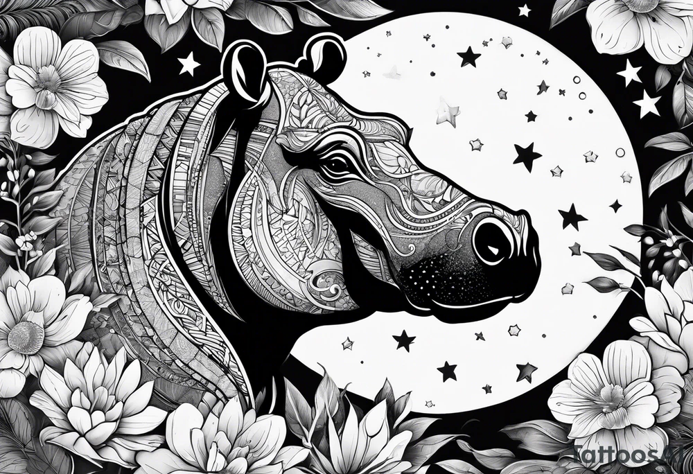 Hippo, flowers, moon, interstella,
fine lines, tribal, geometric tattoo idea