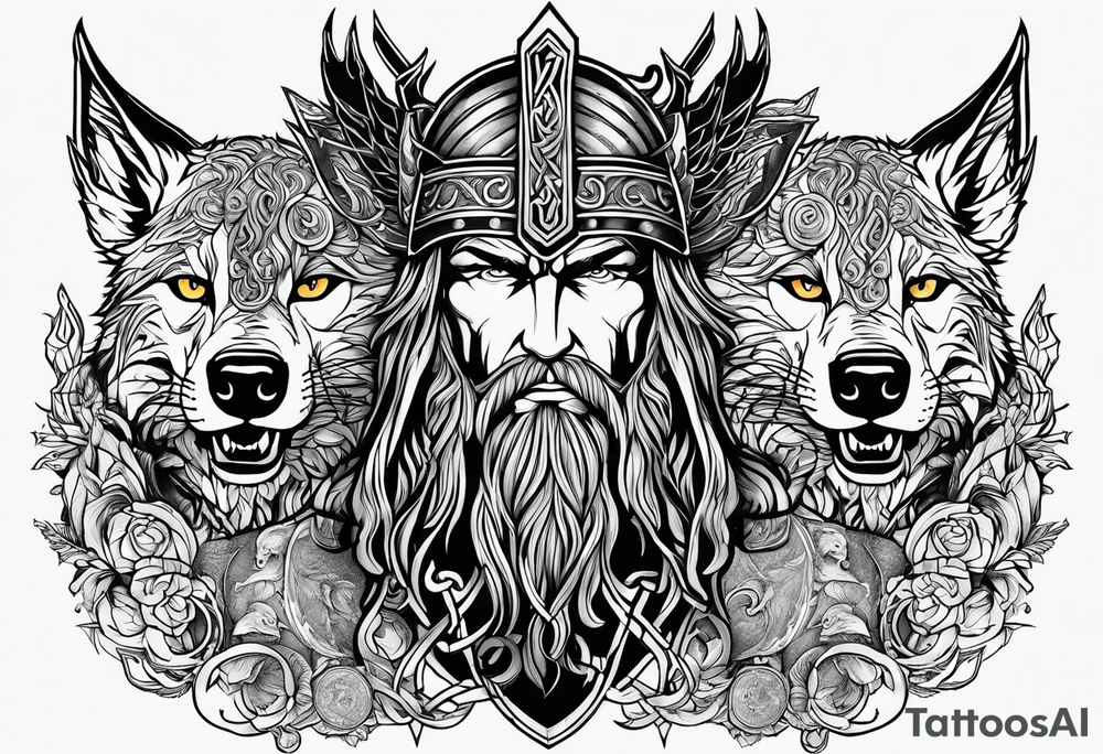 Thor Odin Loki with runes wolves and ravens tattoo idea