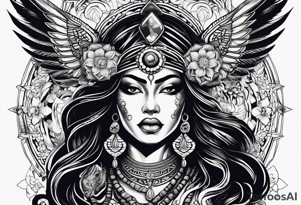 black kali, goddess pirate, alien, angel, pachamama, valkrye, warrior, flying, skull, lotus azul, wing, eagle, zenza resonance, stars, 5D, anahata chakra, death, durga, riding on a tiger, flying lady, kundalini, chest tatoo, samuri, rebel,serpent tattoo idea
