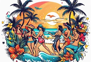 vintage beach dance party with music and confetti, tropical drinks tattoo idea