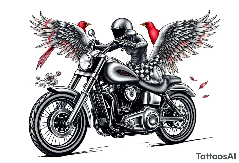 Harley grey motorcycle driving away, two red birds flying, roses, flames, angel wings tattoo idea
