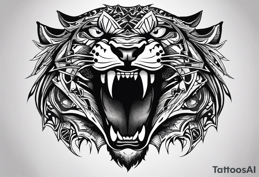A tattoo designed for the knee, featuring the face of a mitological beast with wild, exaggerated features, such as sharp fangs, intense eyes, and a snarling expression. The design incorporates large areas of white space for contrast, with beams of light or energy radiating outward from the beast’s eyes in a chaotic and powerful pattern. The overall look should be bold and primal, with flowing lines that adapt naturally to the curvature of the knee. tattoo idea