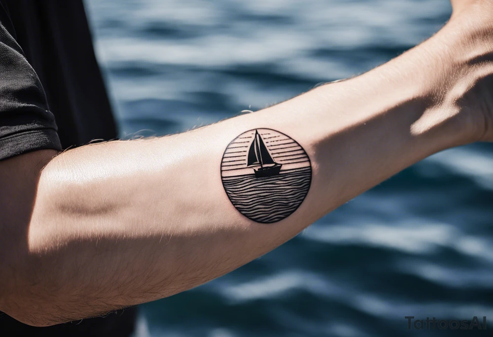 Minimalistic, small, black and white tattoo on male forearm. Tattoo style is line drawing. From the perspective of being on the ocean, the water is calm, with no waves in sight, the sun is setting behind the ocean, reflecting light onto the water. The tattoo in the shape of a rectangle, 4 inches wide by 2 inches tall. tattoo idea