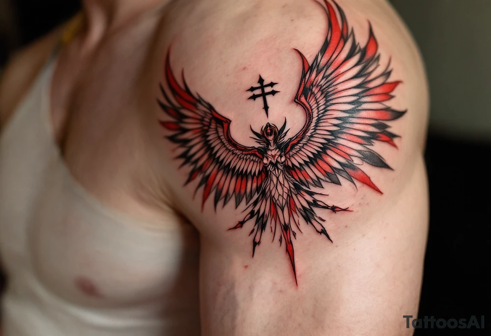 Isis Spreading Her Wings Over a Name or Symbol (red and black) tattoo idea