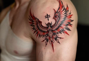 Isis Spreading Her Wings Over a Name or Symbol (red and black) tattoo idea