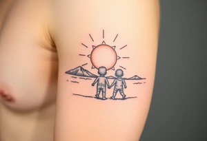 Sun set three walking child tattoo idea