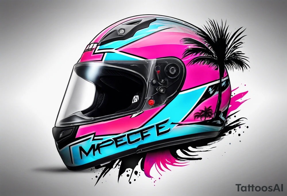 Formula 1 helment with a palm tree and black pink and light blue color tattoo idea