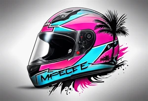 Formula 1 helment with a palm tree and black pink and light blue color tattoo idea
