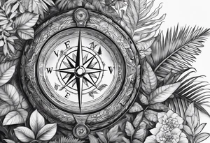 full arm sleeve tattoo with Vigvisir compass and all-seeing eye surrounded by jungle plants tattoo idea