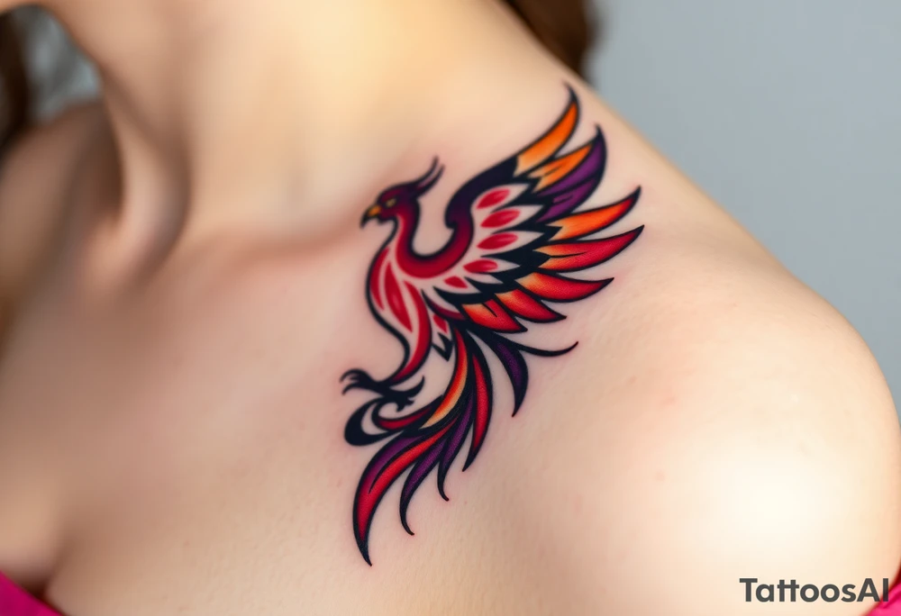 Phoenix rising from the ashes with the colors red, pink, orange and purple. Size 3 cm wide and 5 cm high tattoo idea