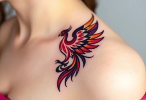 Phoenix rising from the ashes with the colors red, pink, orange and purple. Size 3 cm wide and 5 cm high tattoo idea